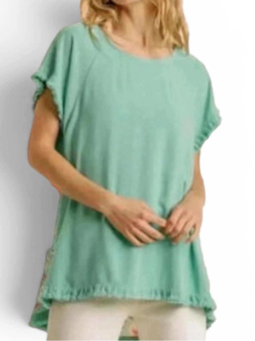 Umgee Boho Frayed High-Low Cutout Blouse in Green Size Medium